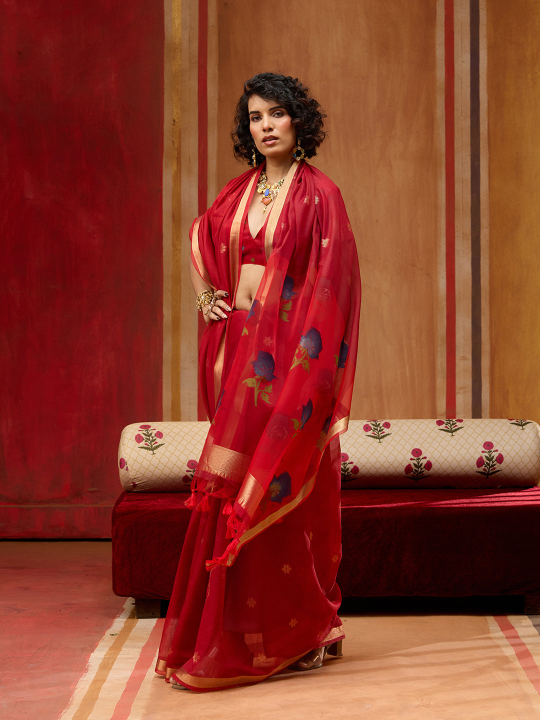 Spun Cotton Handloom Saree With Organza Meenakari Pallu & Zari Border