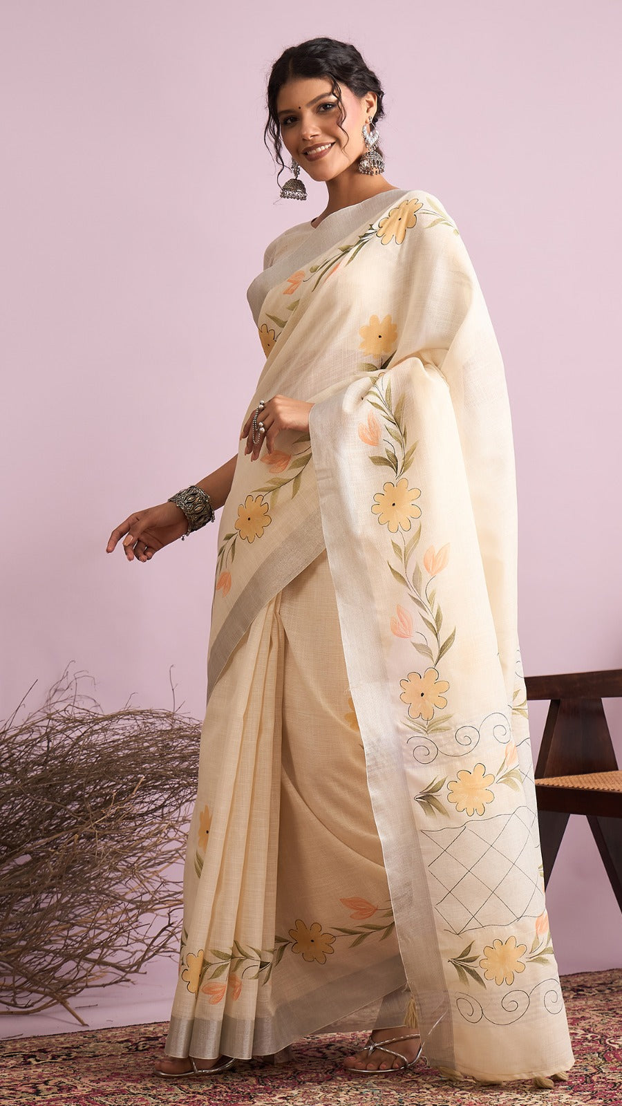 Cream beige linen cotton floral printed saree with soft woven border and running blouse by Krishna Textile Market