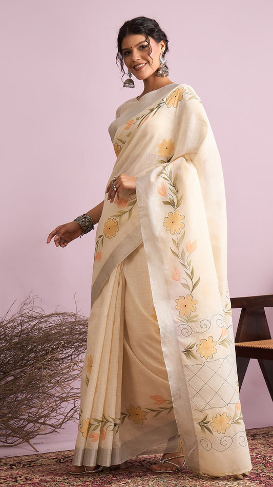 Cream beige linen cotton floral printed saree with soft woven border and running blouse by Krishna Textile Market