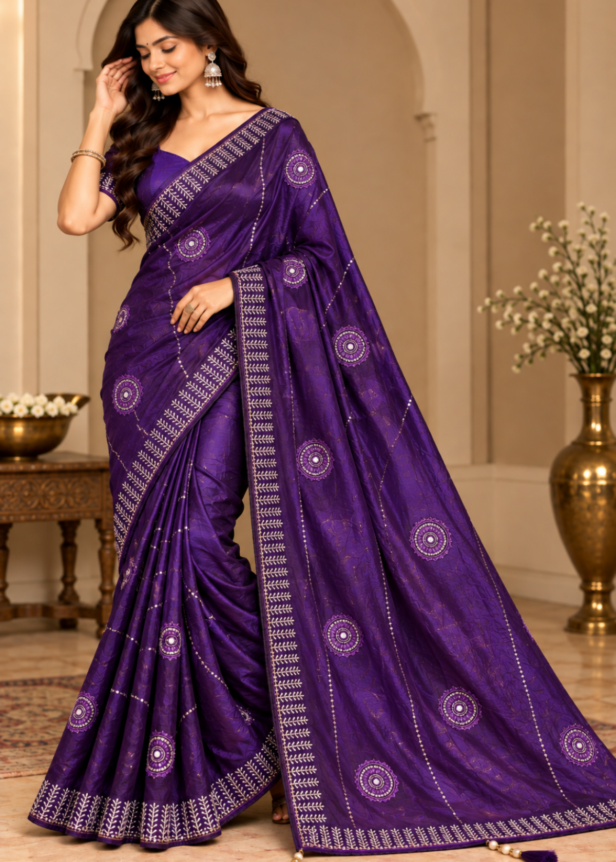 A woman models a purple silk saree with intricate silver zari embroidery and circular motifs, set against a warm beige architectural background.