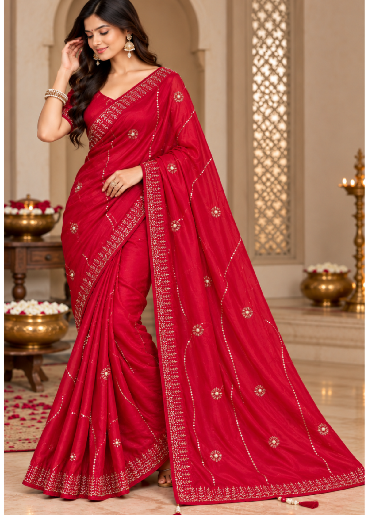 A woman modeling a bright red saree with gold zari embroidery and border detailing, posed in an ornate indoor setting with decorative brass vessels and architectural details.