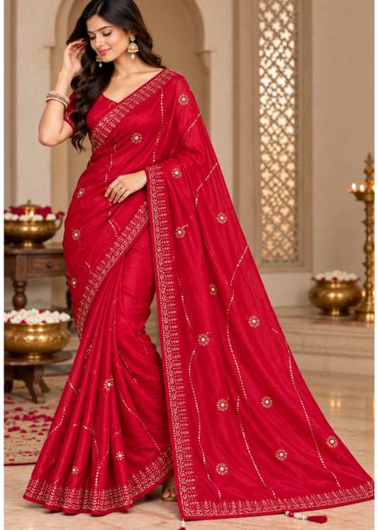 A woman modeling a bright red saree with gold zari embroidery and border detailing, posed in an ornate indoor setting with decorative brass vessels and architectural details.