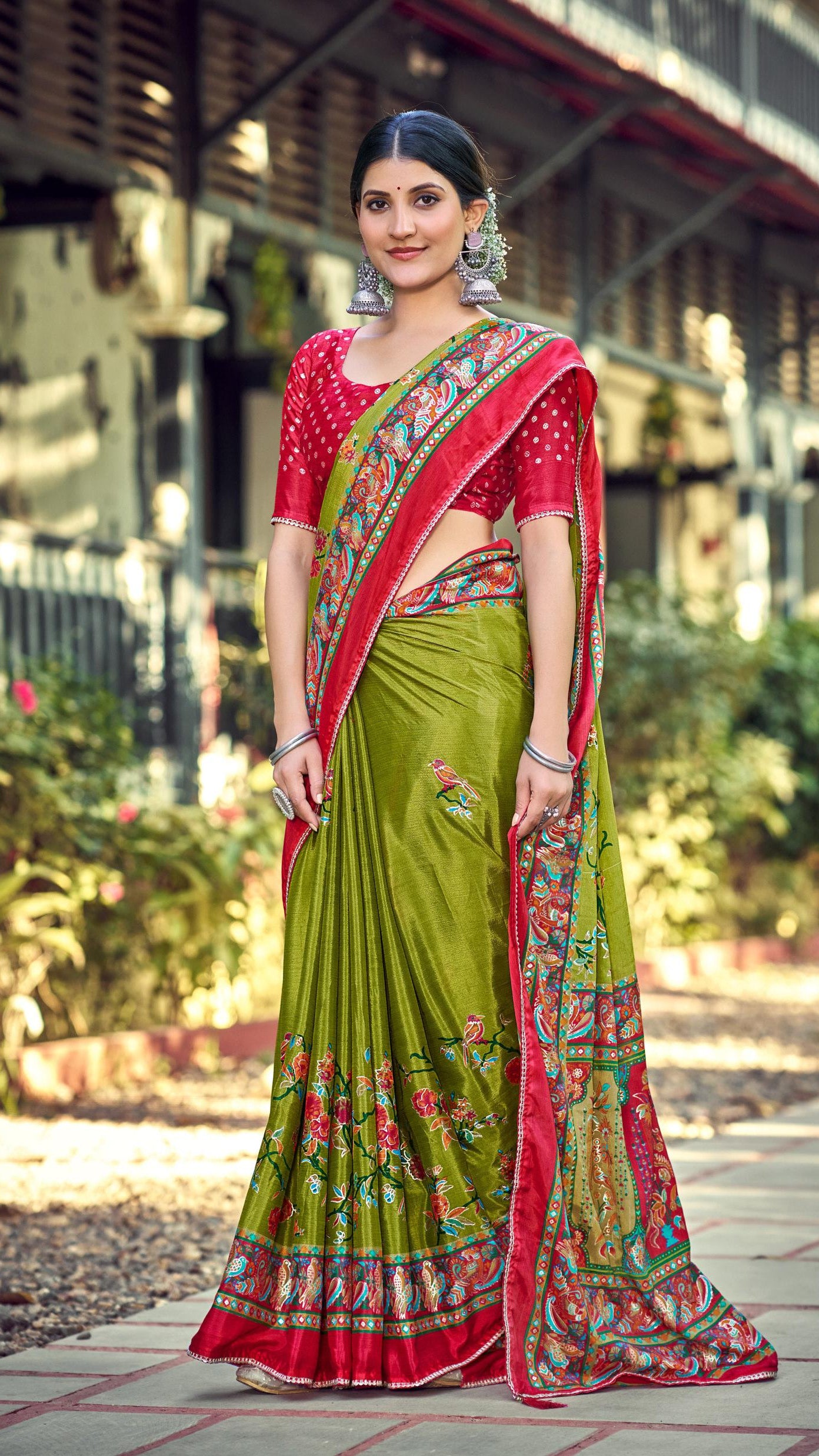 Olive Green Designer Synthetic Silk Saree with Pink Border
