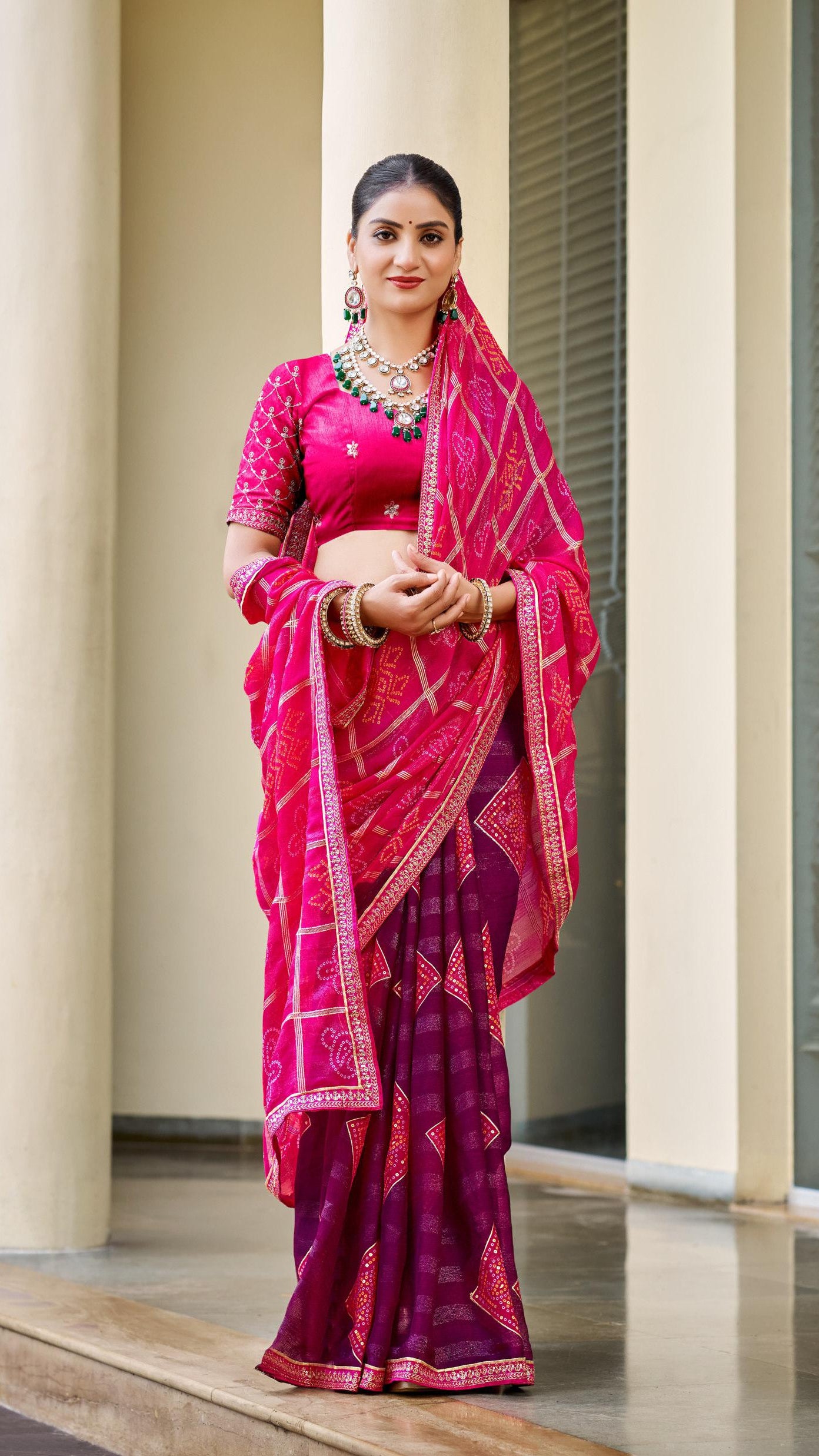 Rani pink purple premium office wear synthetic silk saree