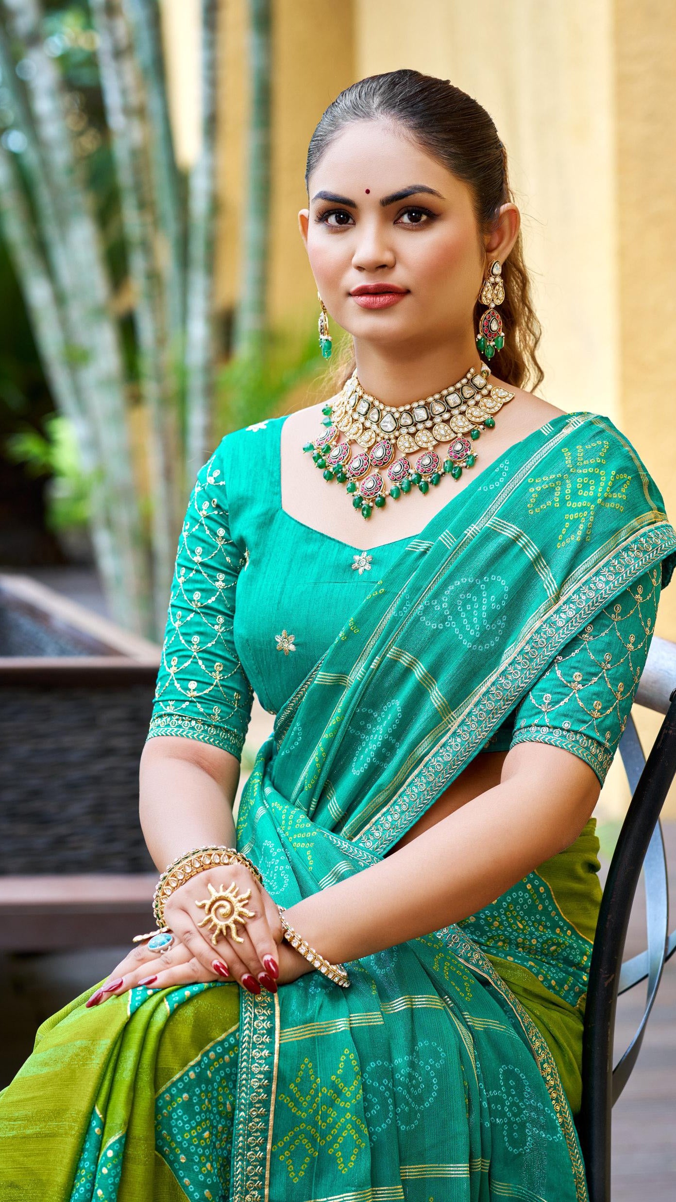 Sea green lime daily wear printed synthetic silk saree for women