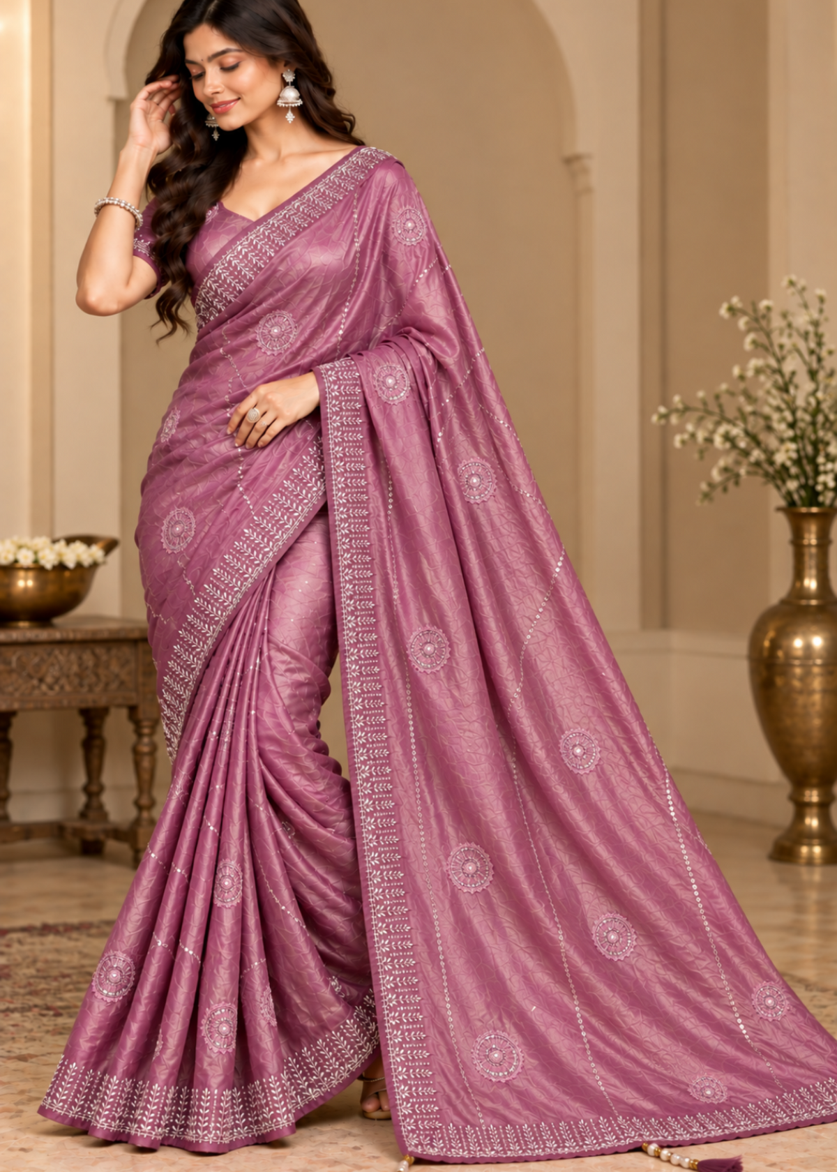 A woman models a dusty purple silk saree with silver zari embroidery and border details, set against an elegant indoor background with arches and a gold vase.