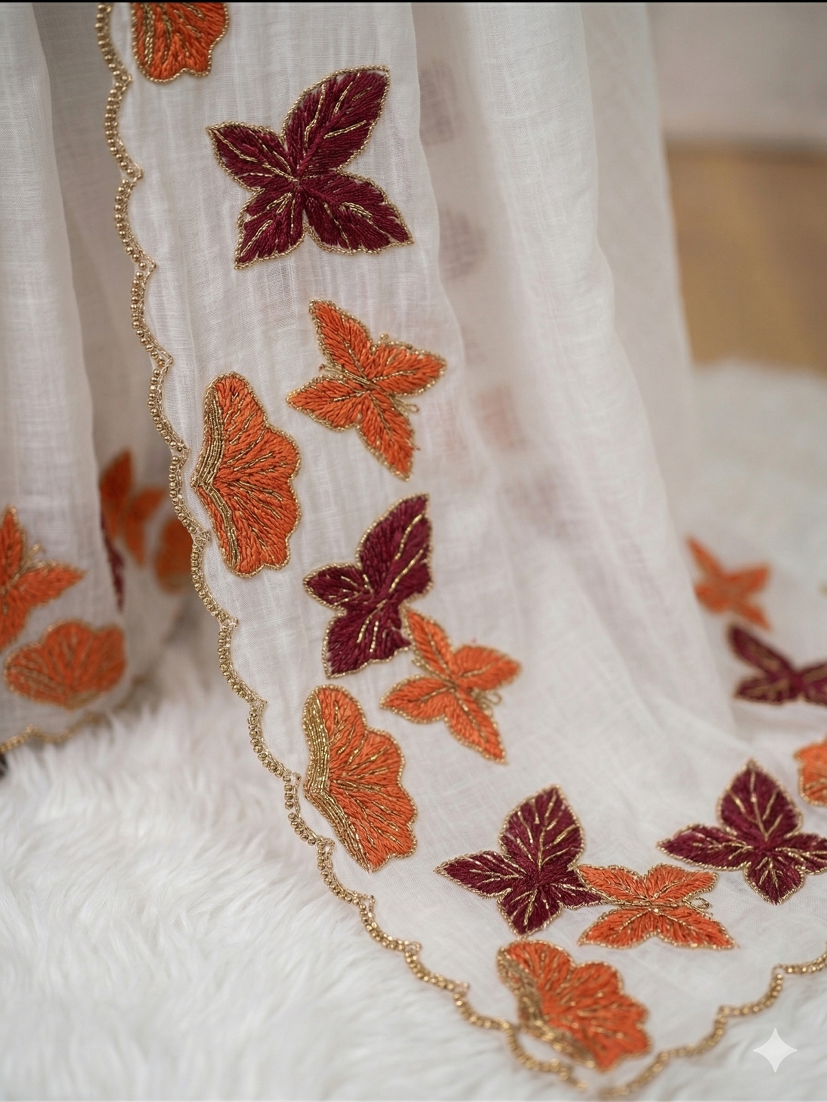 Lightweight white chiffon saree with butterfly design and detailed cutwork embroidery border | krishna textiles 