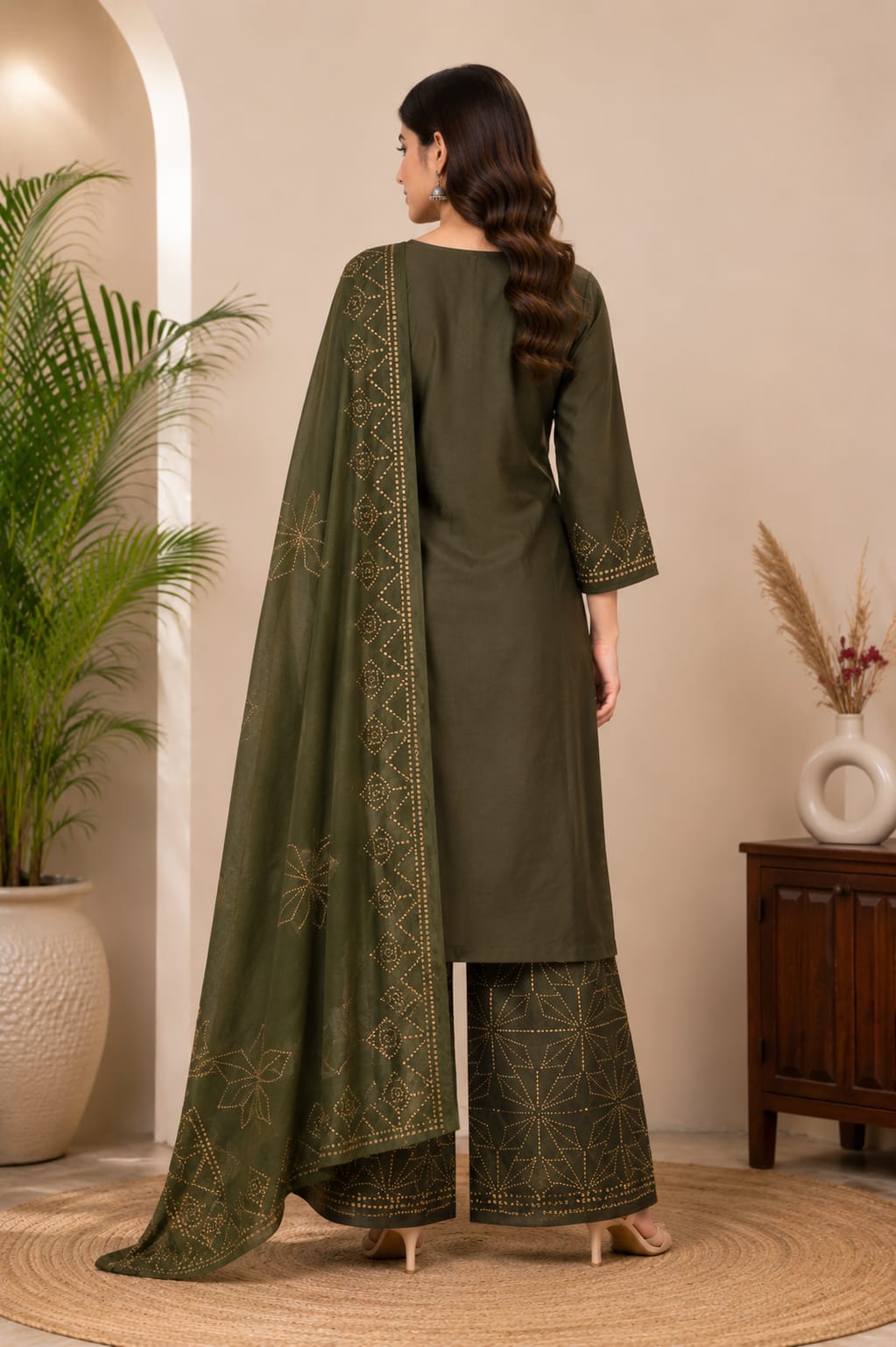 Women's Olive Green Cotton Blend Kurta Palazzo & Dupatta Set | Ethnic Printed 3 Piece Suit Set
