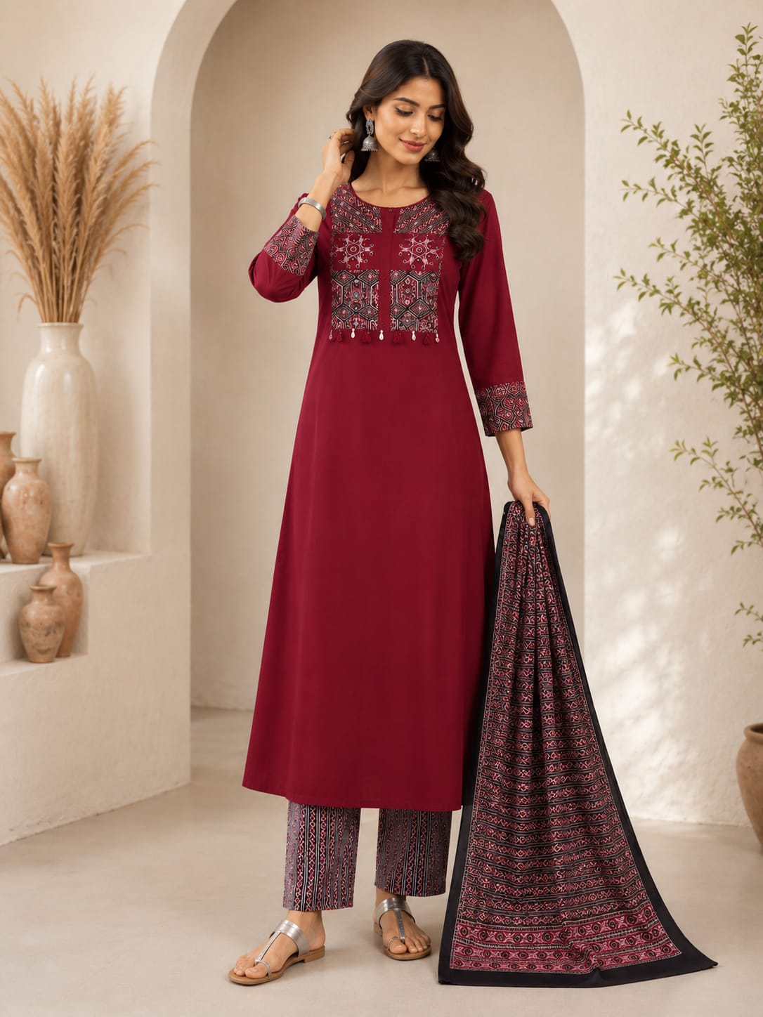 Pure Cotton Ajrakh Print with Tassel Detailing