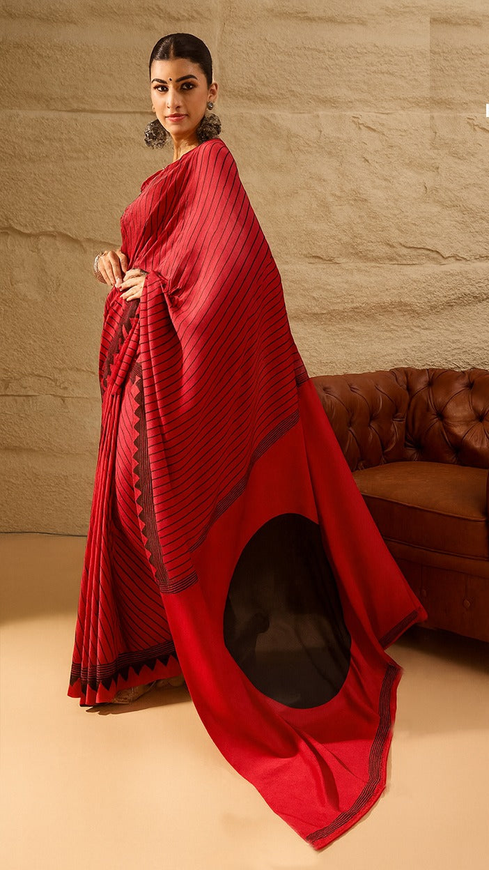 Cherry red Italian silk saree with contrast designer pallu and stripe print