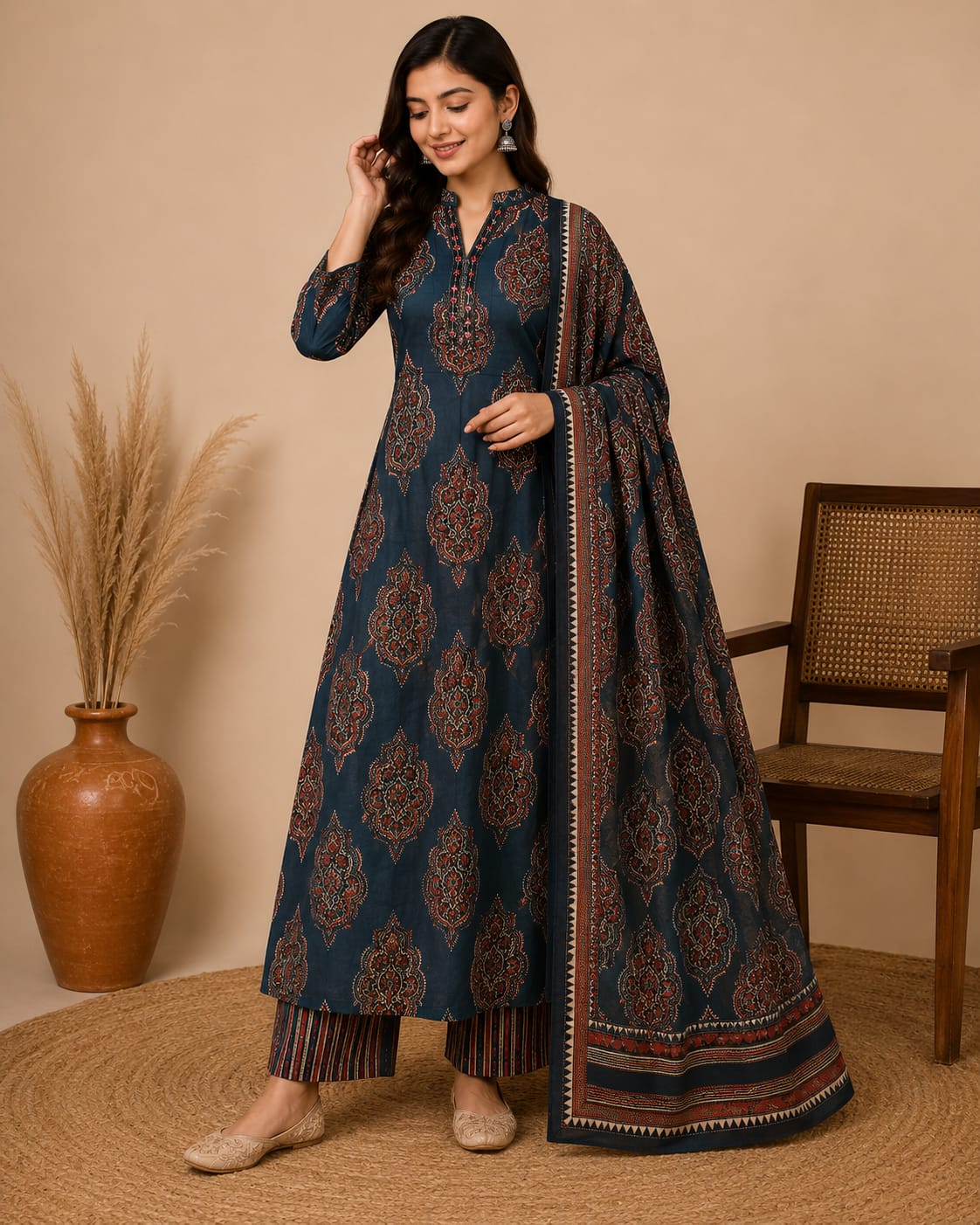 Ajrakh Print Pure Cotton Anarkali 3 Piece Suit Set for Women with Dupatta