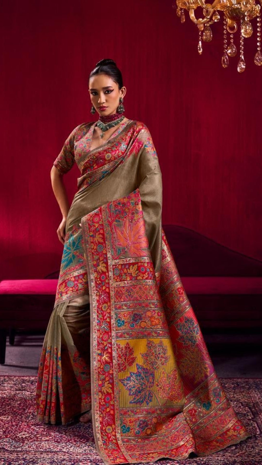 Woman in a traditional saree with a red background