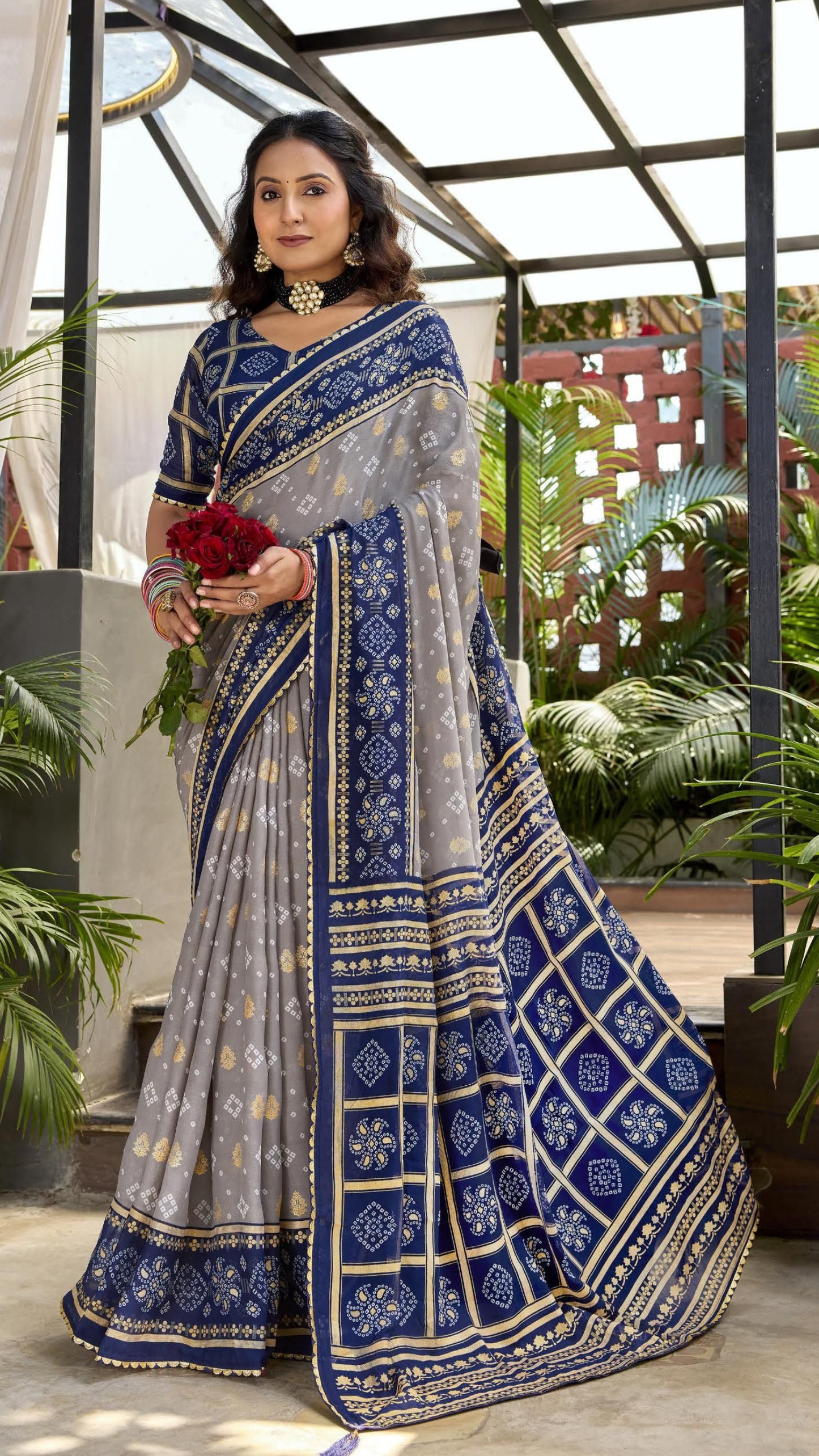 Fancy Pattern Georgette Bandhani Saree with Foil Print & Printed Blouse | Daily & Office Wear | Krishna Textile Market