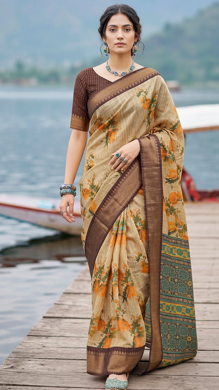 Classic Digital Garden Cotton Jari Saree with Weaving Jari Border & Contrast Blouse | Krishna Textile Market
