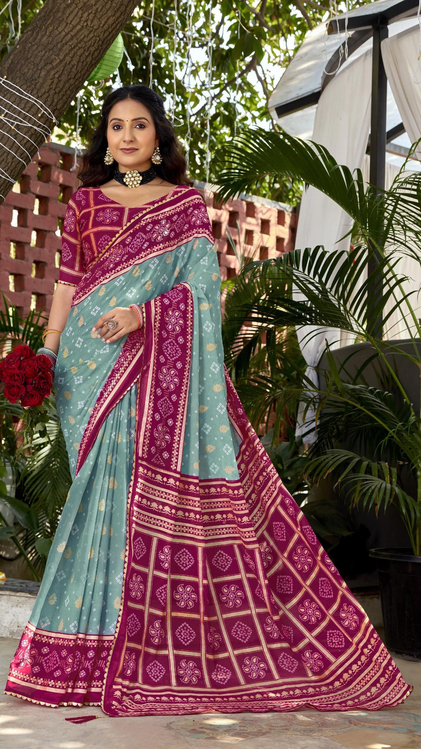 Fancy Pattern Georgette Bandhani Saree with Foil Print & Printed Blouse | Daily & Office Wear | Krishna Textile Market