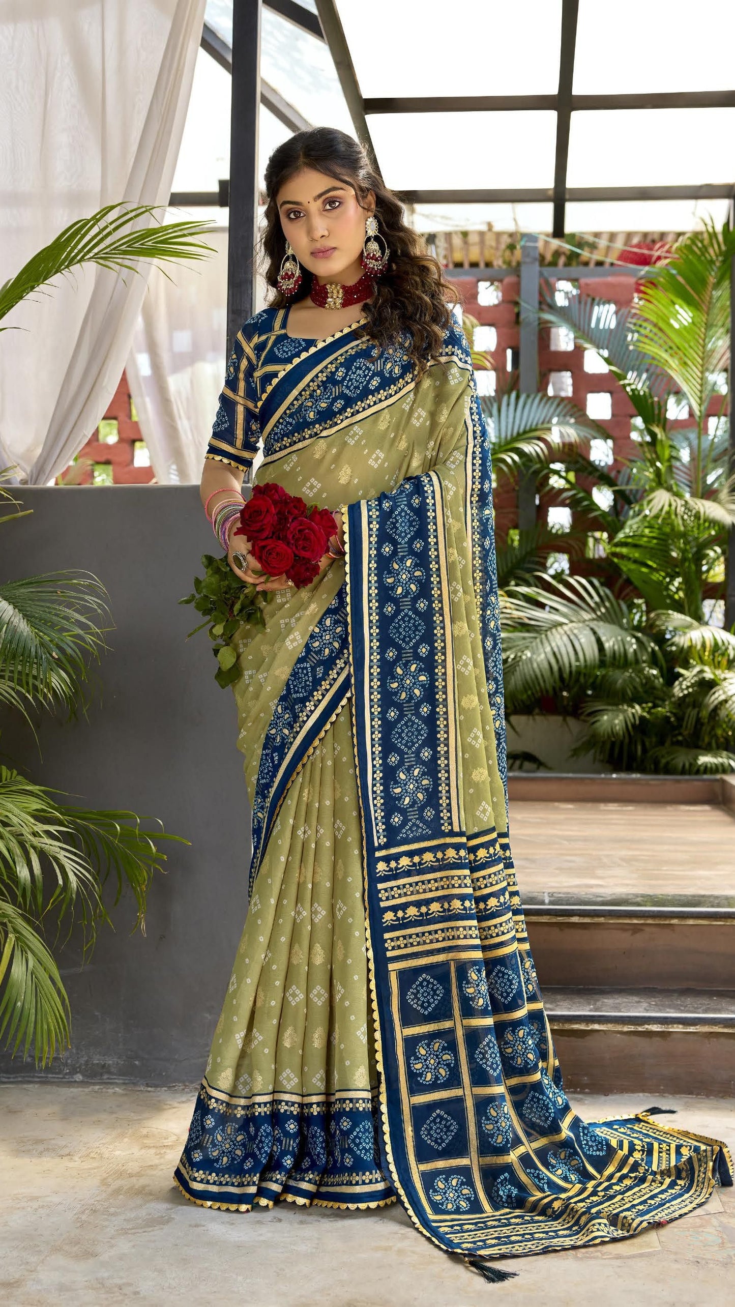 Fancy Pattern Georgette Bandhani Saree with Foil Print & Printed Blouse | Daily & Office Wear | Krishna Textile Market