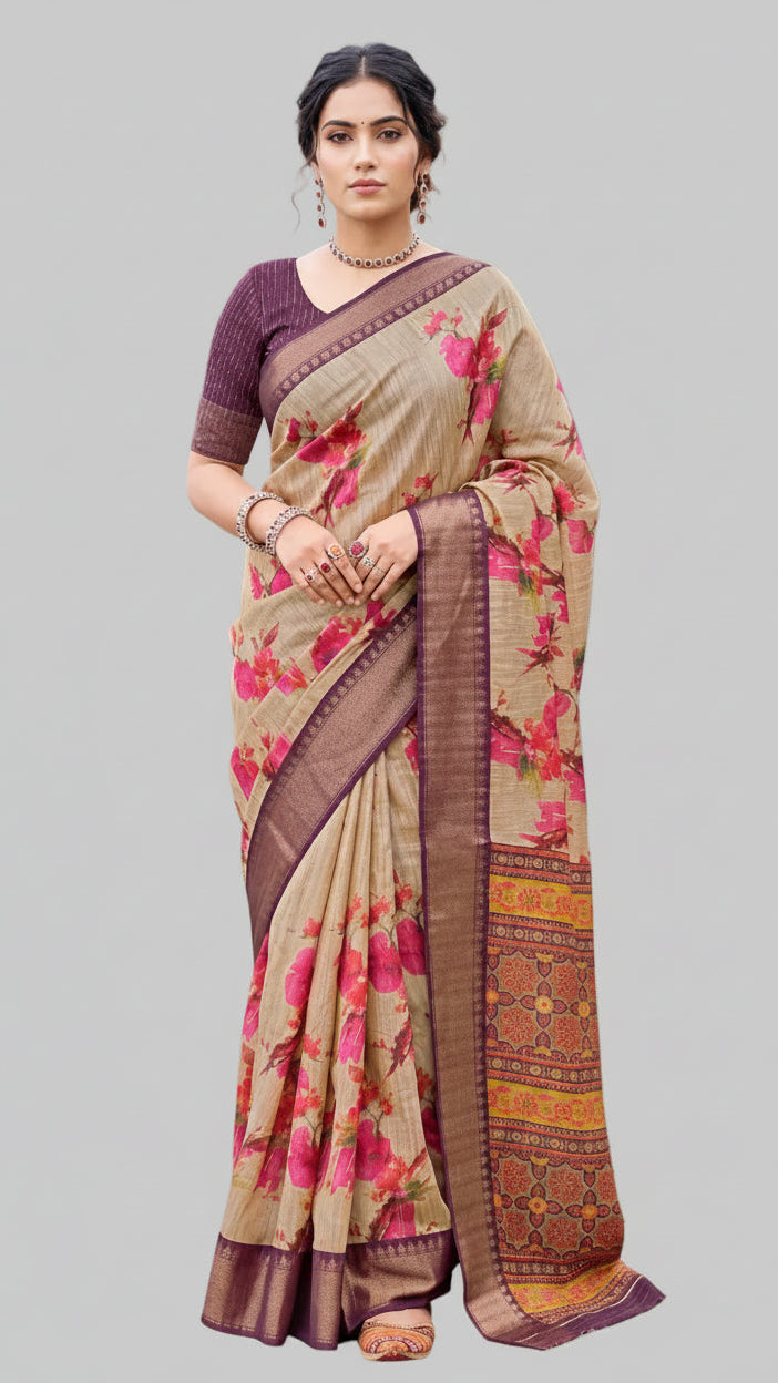 Classic Digital Garden Cotton Jari Saree with Weaving Jari Border & Contrast Blouse | Krishna Textile Market