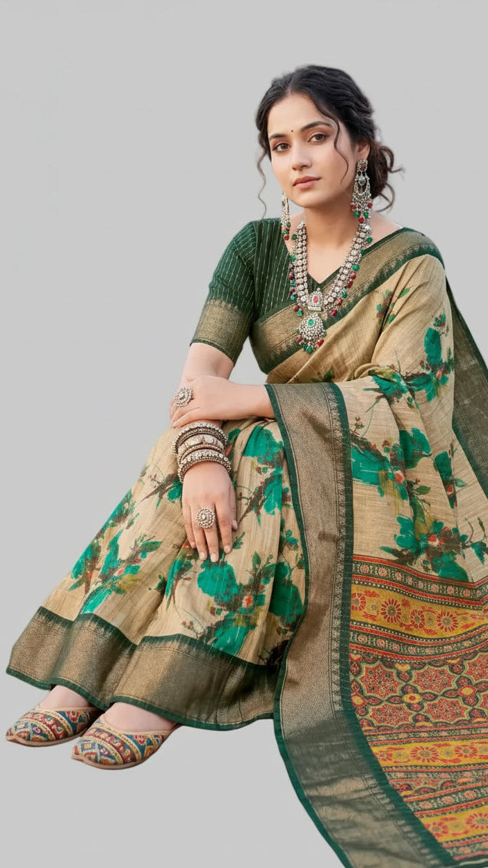 Classic Digital Garden Cotton Jari Saree with Weaving Jari Border & Contrast Blouse | Krishna Textile Market