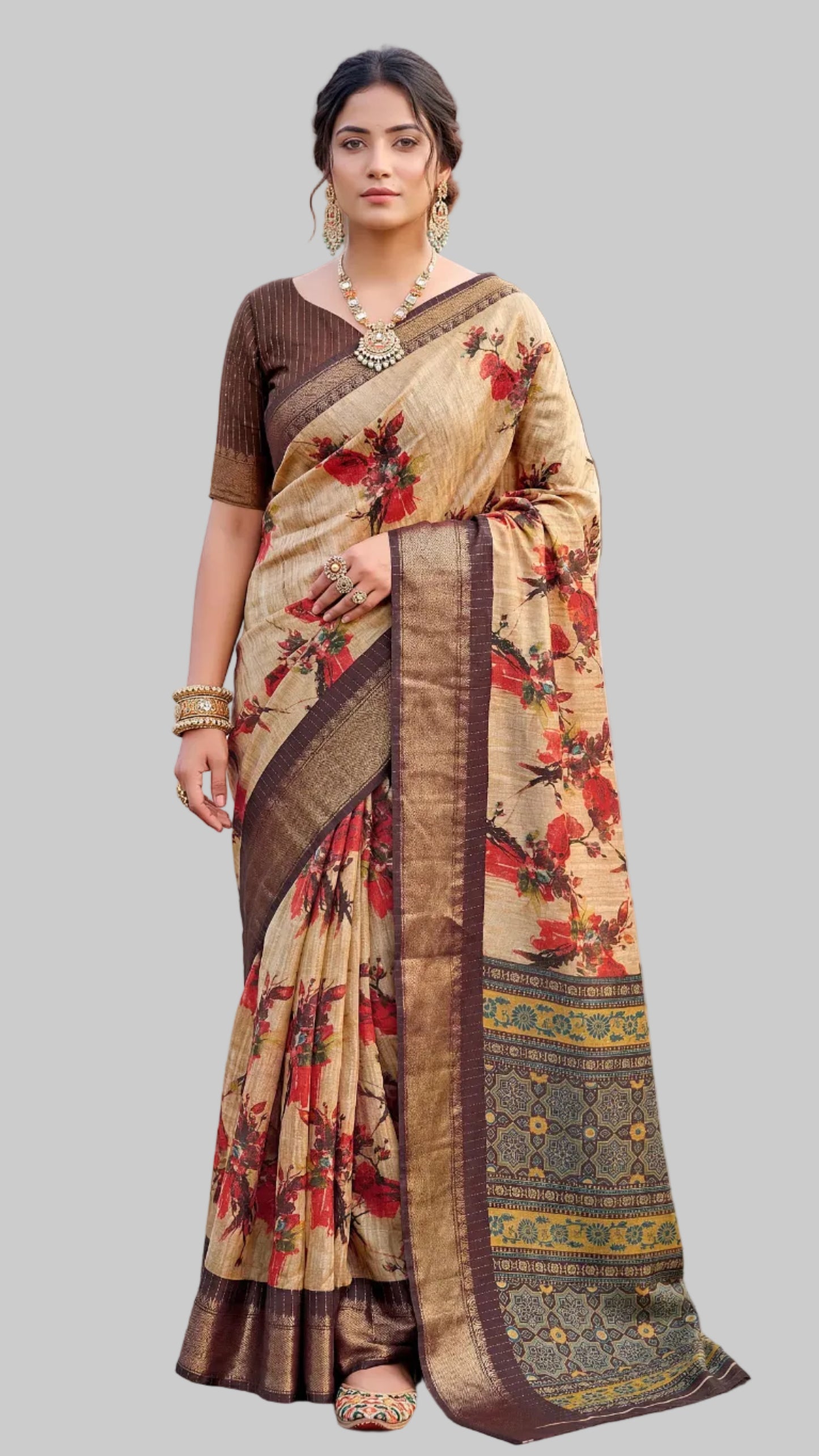 Classic Digital Garden Cotton Jari Saree with Weaving Jari Border & Contrast Blouse | Krishna Textile Market