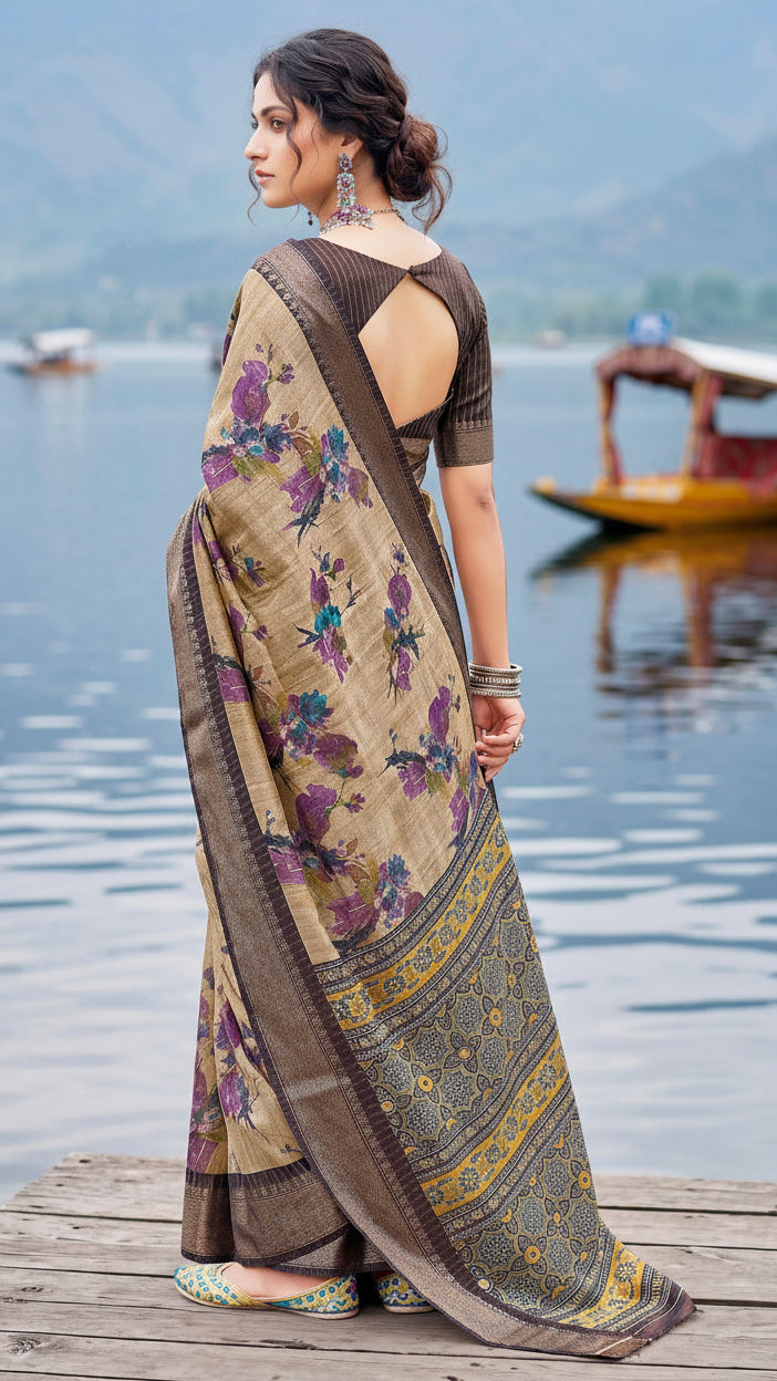 Classic Digital Garden Cotton Jari Saree with Weaving Jari Border & Contrast Blouse | Krishna Textile Market