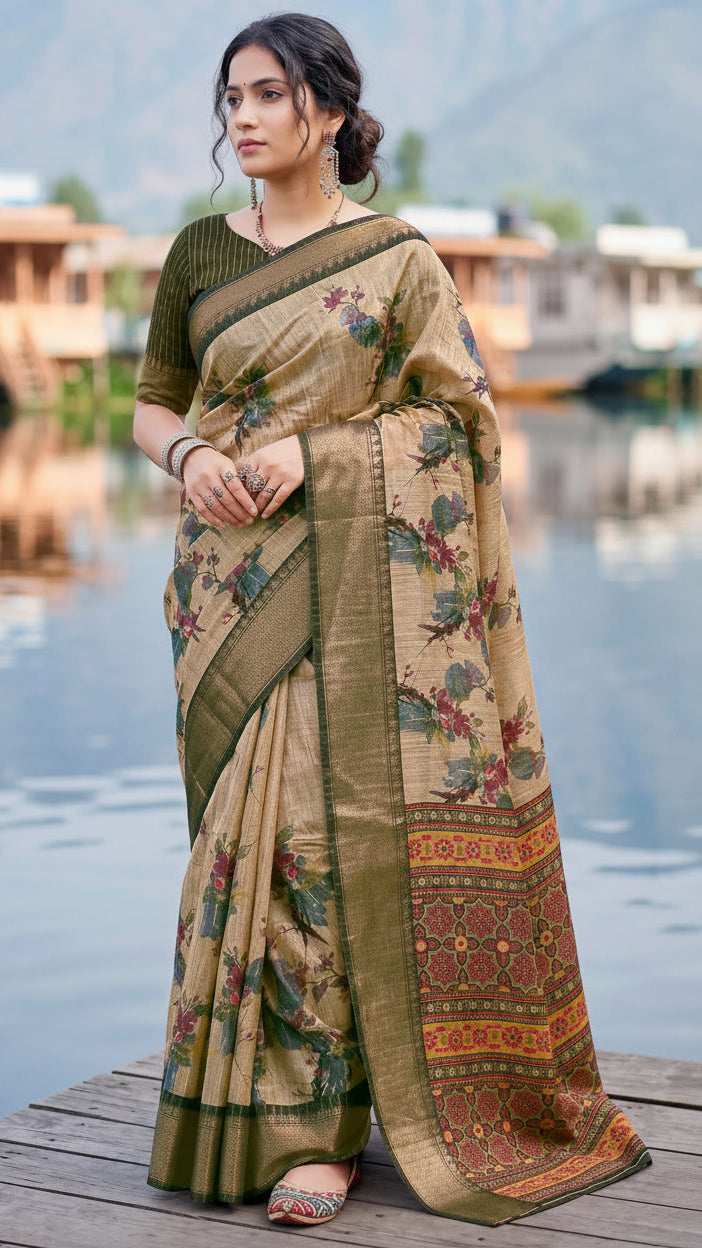 Classic Digital Garden Cotton Jari Saree with Weaving Jari Border & Contrast Blouse | Krishna Textile Market