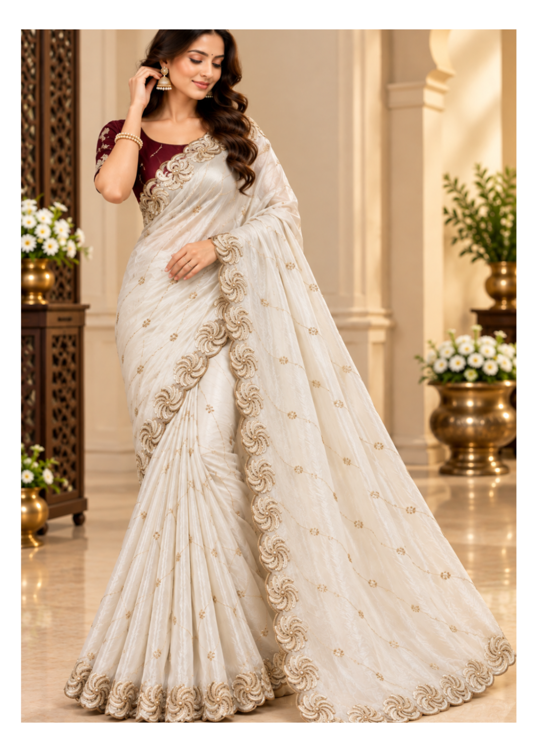 Premium Wine Maroon Embroidered Designer Saree