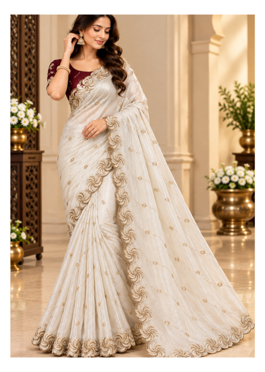 A woman models a traditional Indian saree in a grand indoor setting. The saree is off-white/cream with gold embroidery and a scalloped border, paired with a deep maroon sleeveless blouse.