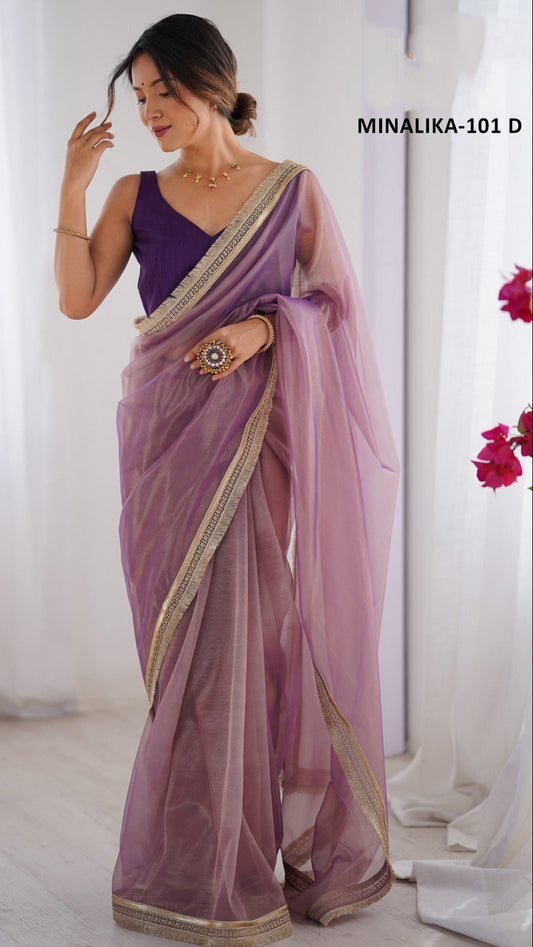 Soft Shimmer Organza Saree With Rich Golden Lace Border For Women