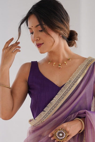 Soft Shimmer Organza Saree With Rich Golden Lace Border For Women