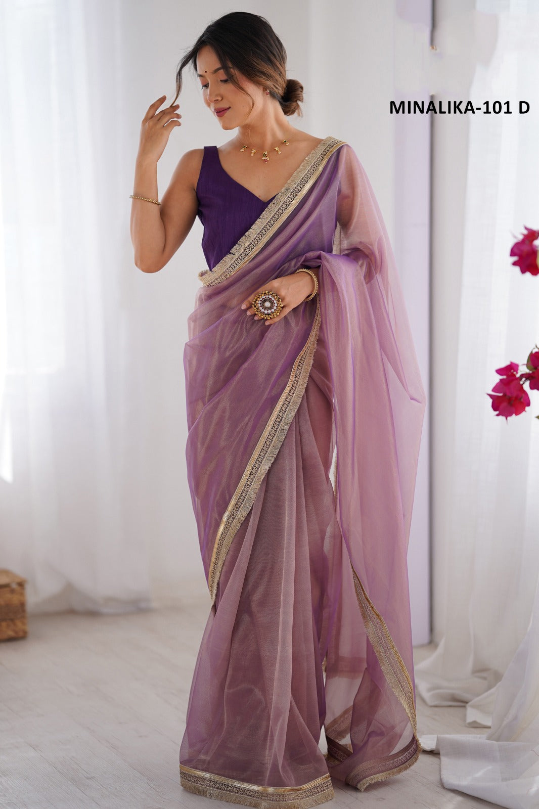 Soft Shimmer Organza Saree With Rich Golden Lace Border For Women