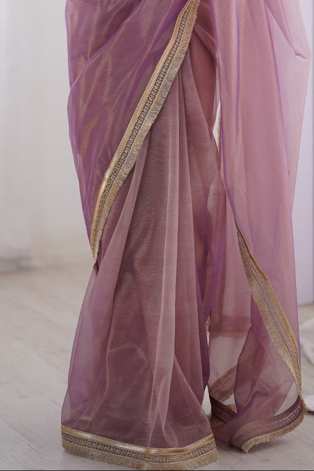 Soft Shimmer Organza Saree With Rich Golden Lace Border For Women