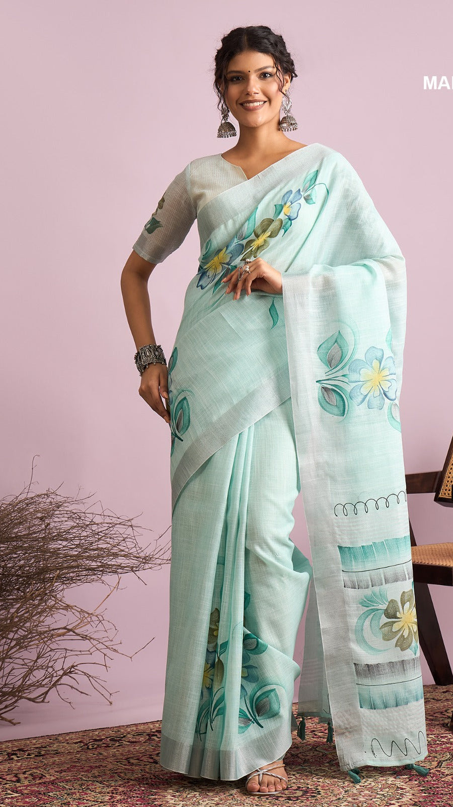 Mint aqua floral printed linen cotton saree with lightweight soft texture and matching blouse