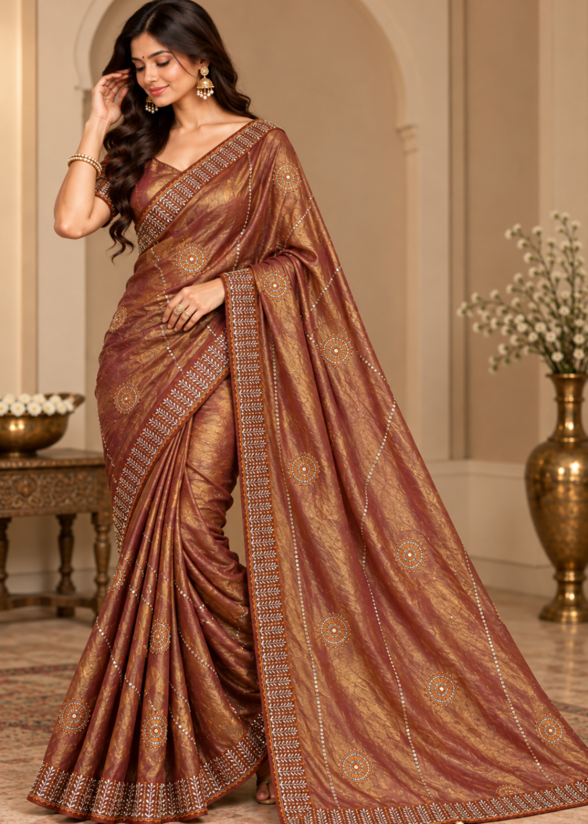 A woman models a bronze-brown silk saree with gold zari embroidery and a matching border, set against an elegant indoor background with beige walls and decorative vases.