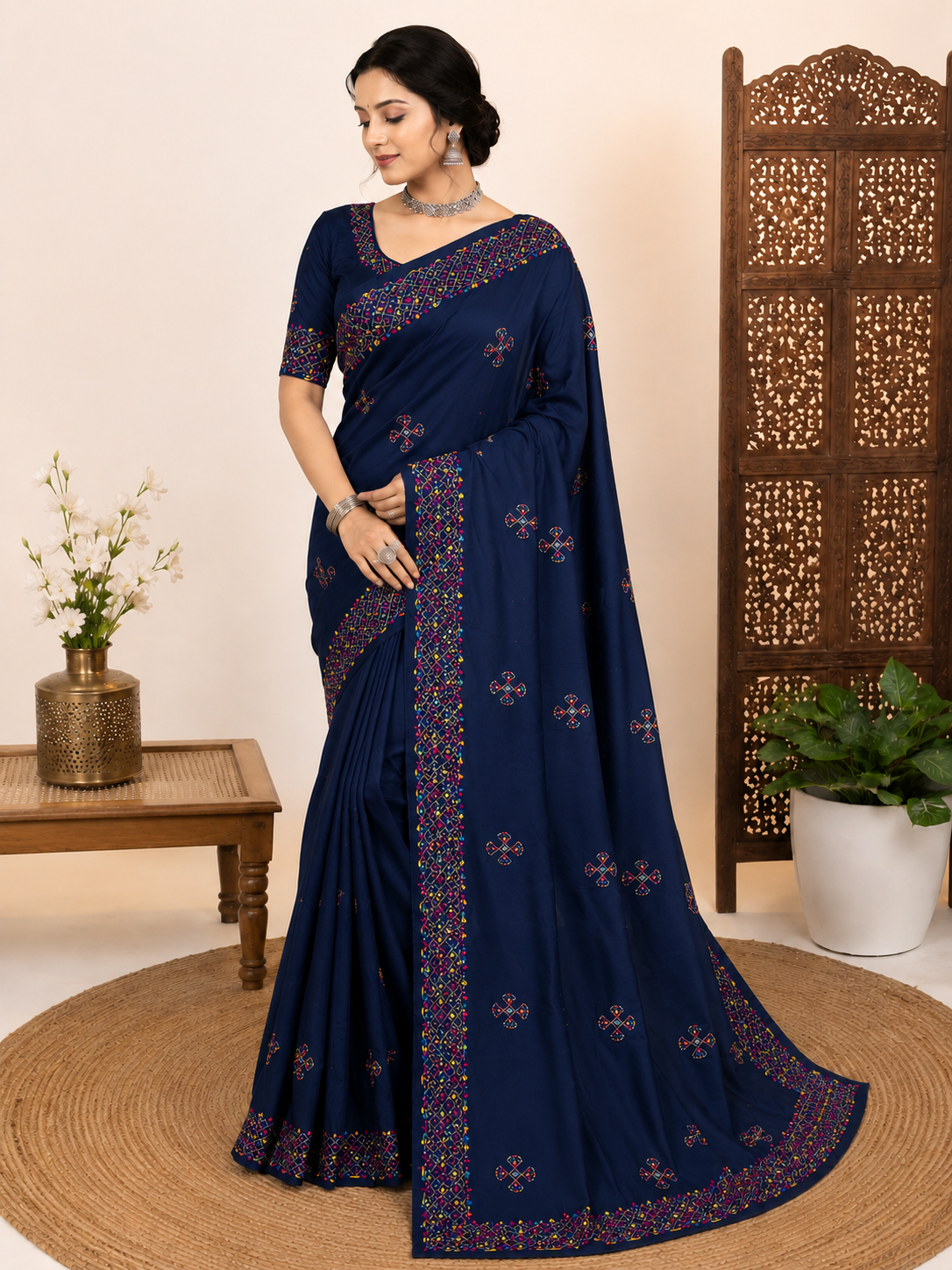 Premium Hand Embroidered Cotton Silk Saree with Multicolor Thread Work Border