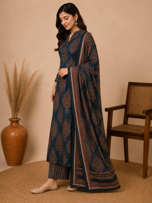 Ajrakh Print Pure Cotton Anarkali 3 Piece Suit Set for Women with Dupatta