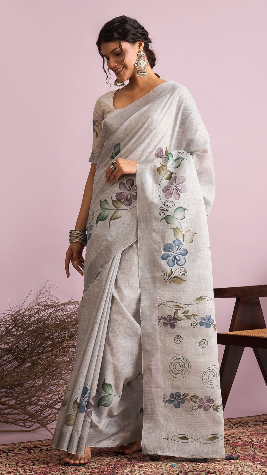 Pearl grey floral printed linen cotton saree with lightweight elegant drape