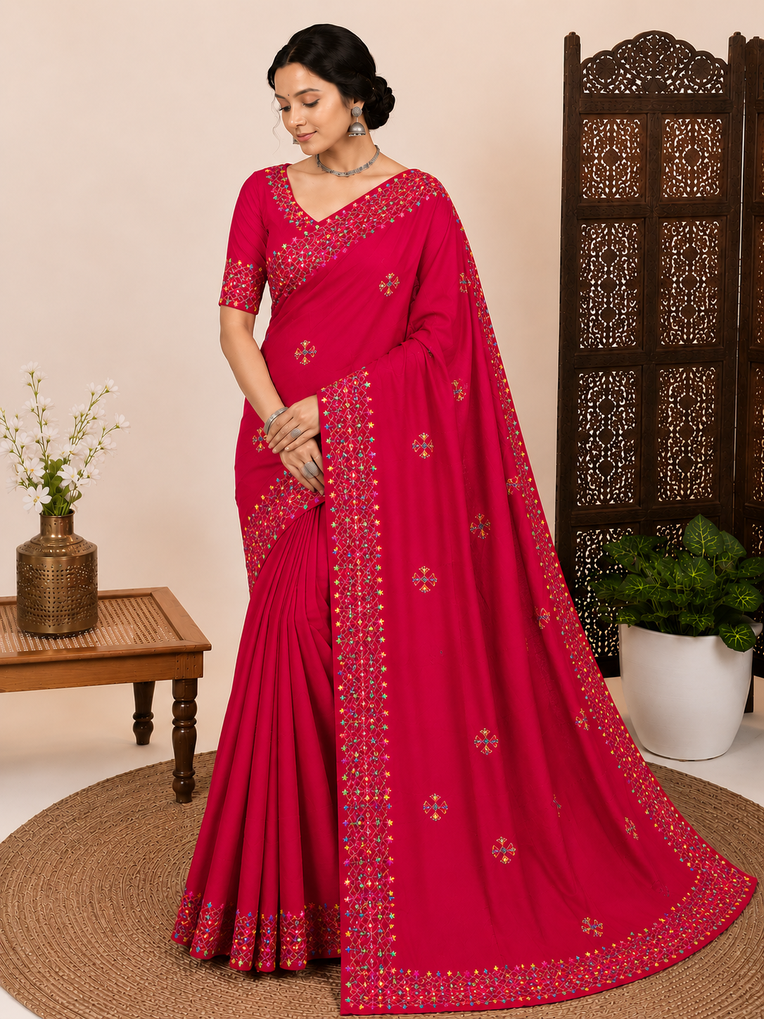 Woman wearing a red saree with gold embroidery in a decorated room.