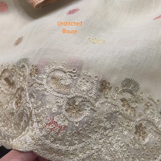 Beige Linen Cotton Saree with Zari Weaving Butti and Embroidered Border Video Showcase