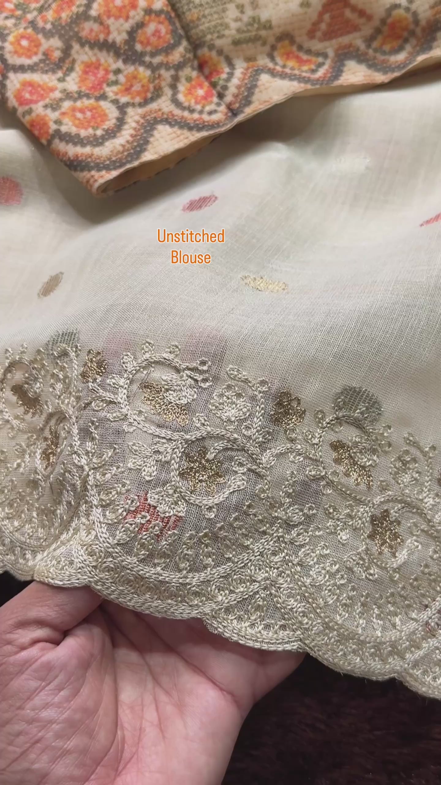 Beige Linen Cotton Saree with Zari Weaving Butti and Embroidered Border Video Showcase