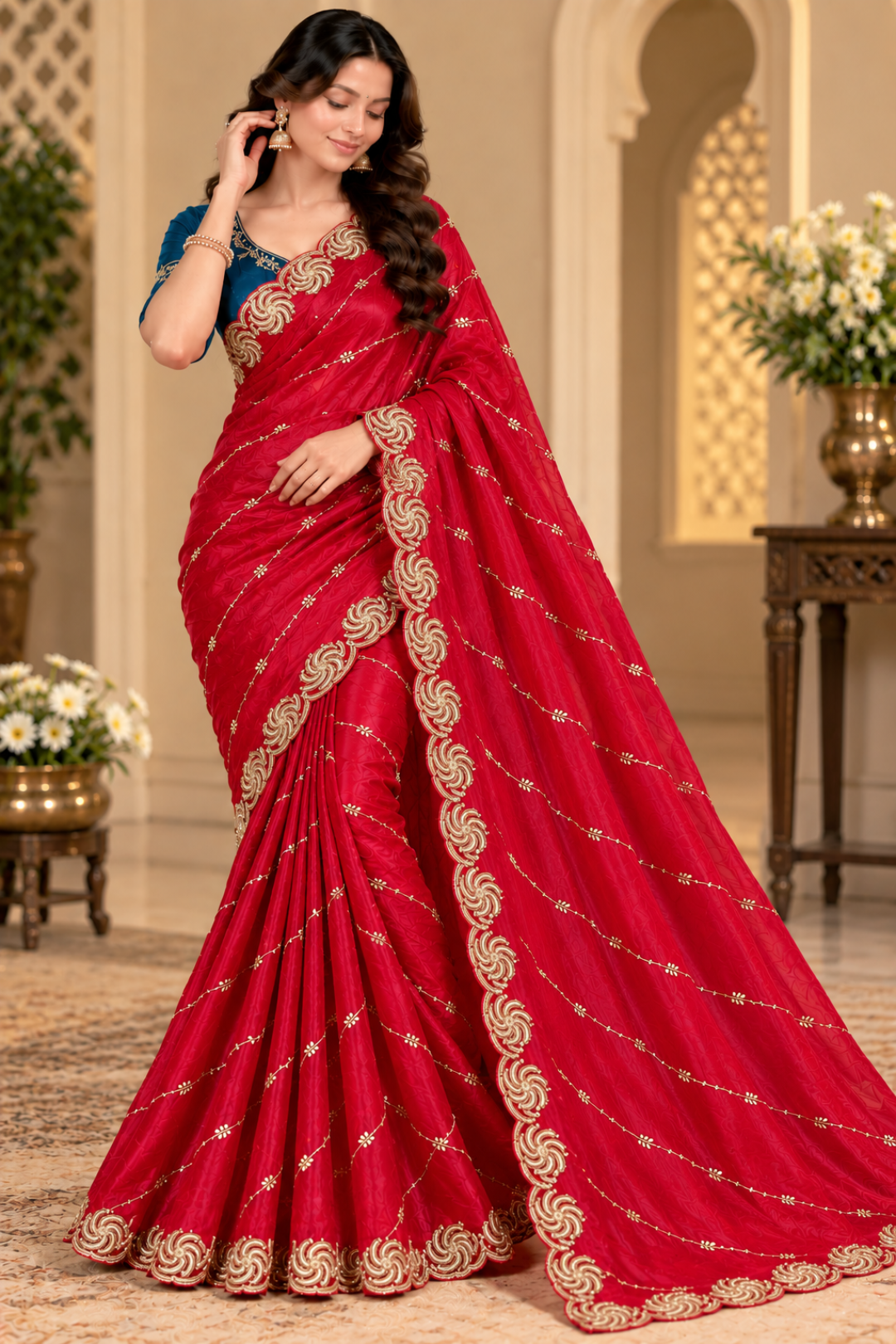 A woman models a red saree with gold zari embroidery and a blue sleeve, set against an elegant indoor background with classical arches and floral arrangements.