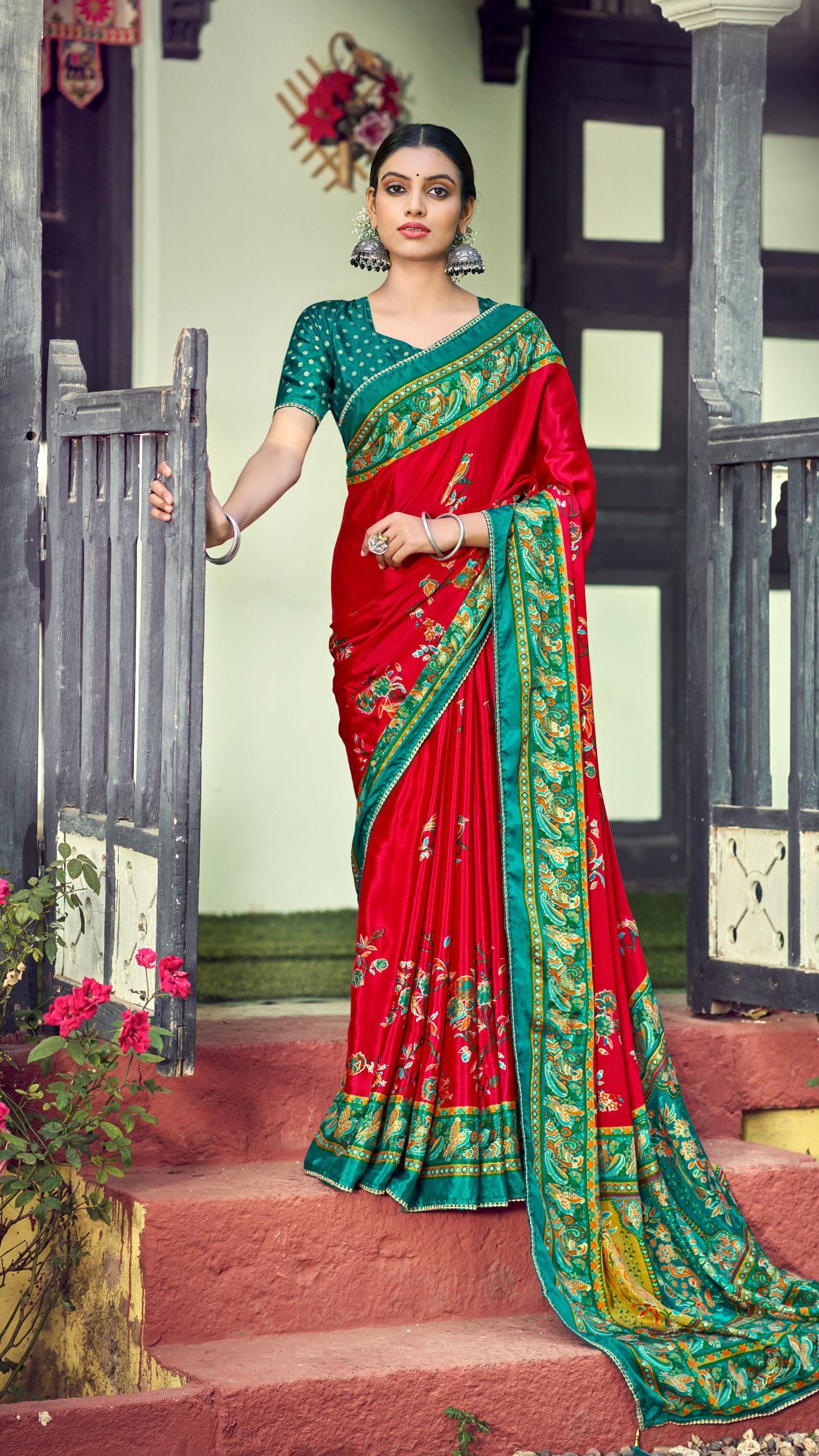 Classic Red Synthetic Silk Saree with Rich Teal Printed Pallu