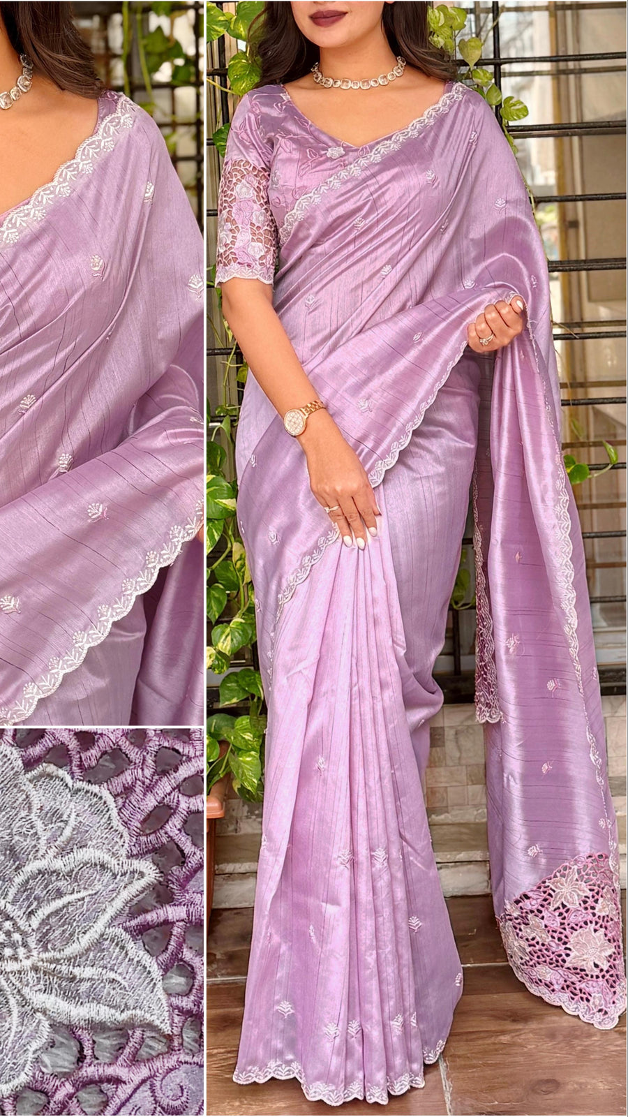 Designer Soundarya Tusser Cotton Embroidered Cutwork Saree For Women
