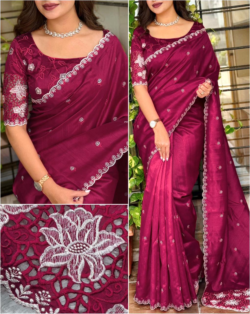 Designer Soundarya Tusser Cotton Embroidered Cutwork Saree For Women