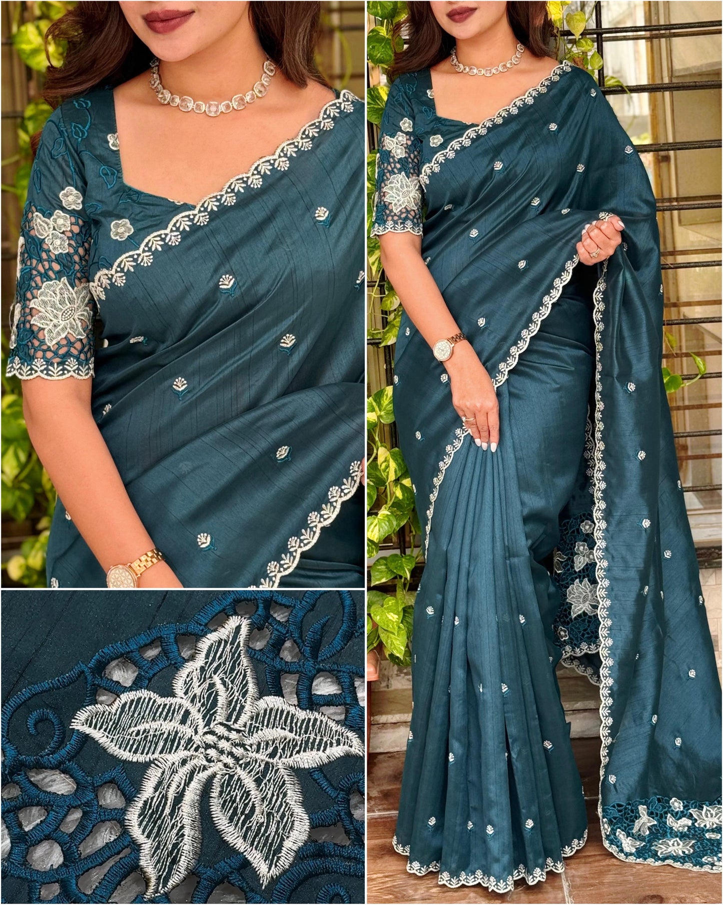 Designer Soundarya Tusser Cotton Embroidered Cutwork Saree For Women