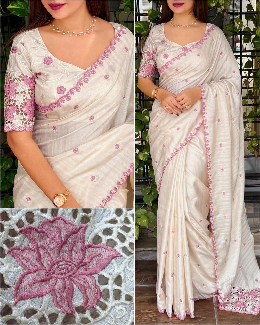 Designer Soundarya Tusser Cotton Embroidered Cutwork Saree For Women