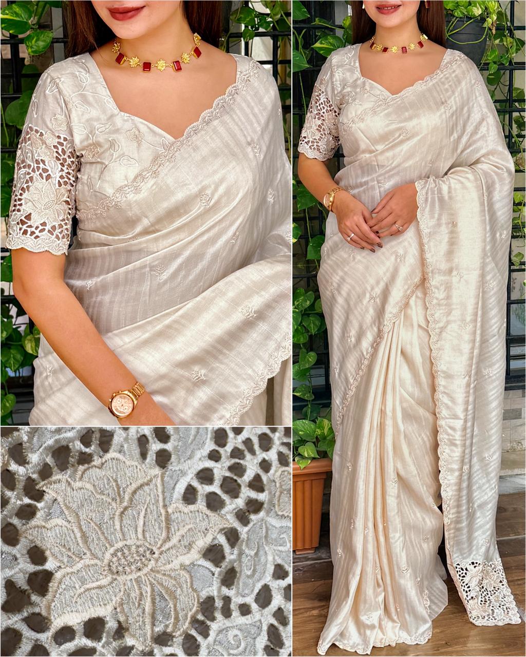 Designer Soundarya Tusser Cotton Embroidered Cutwork Saree For Women