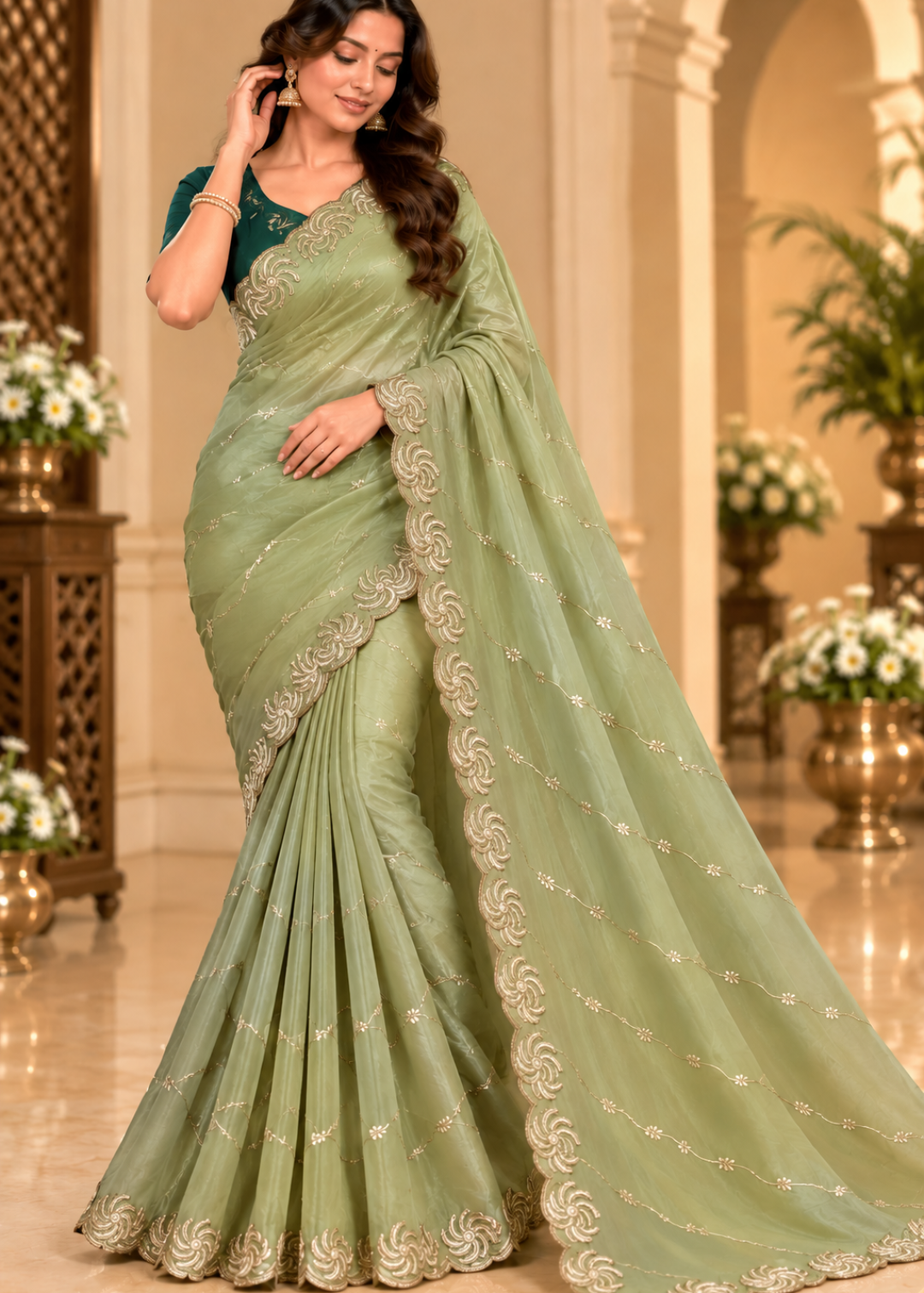 A woman models a sage green georgette saree with gold floral embroidery, paired with a matching green blouse, set against an elegant indoor background with arches and floral arrangements.
