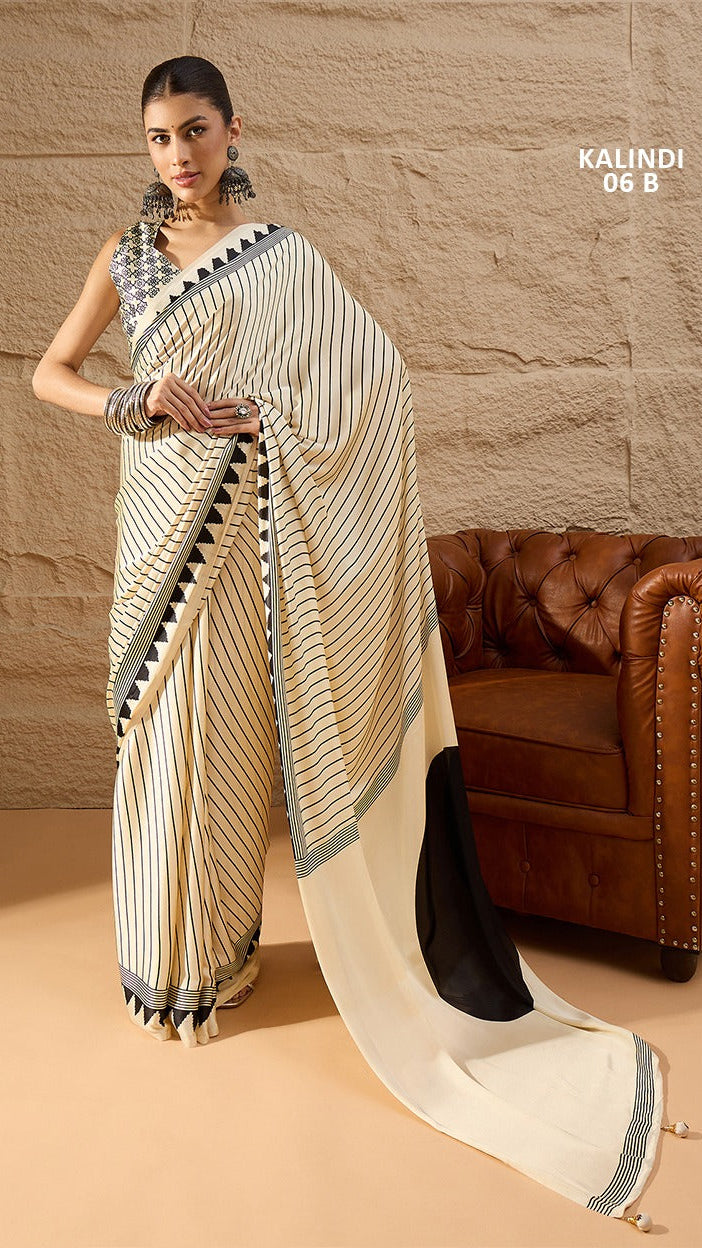 Ivory white printed Italian silk saree with designer pallu and running blouse by Krishna Textile Market