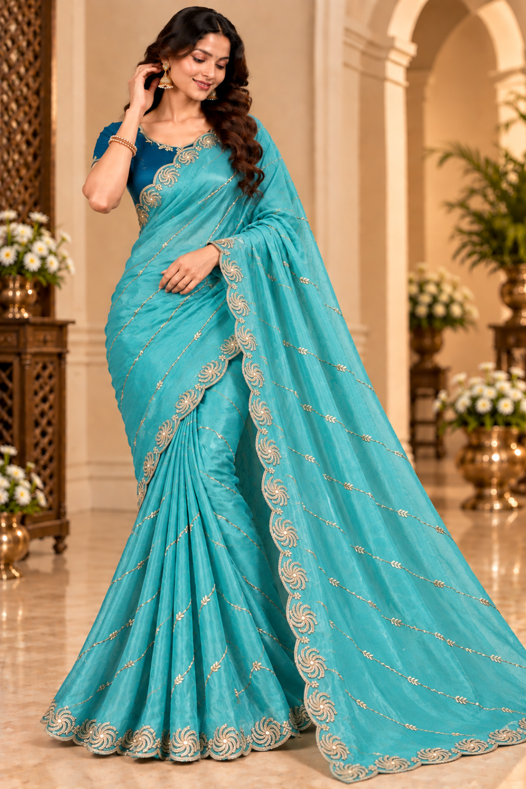 A woman modeling a turquoise blue saree with gold zari embroidery and a matching blue blouse in an elegant indoor setting with arches and floral decor.