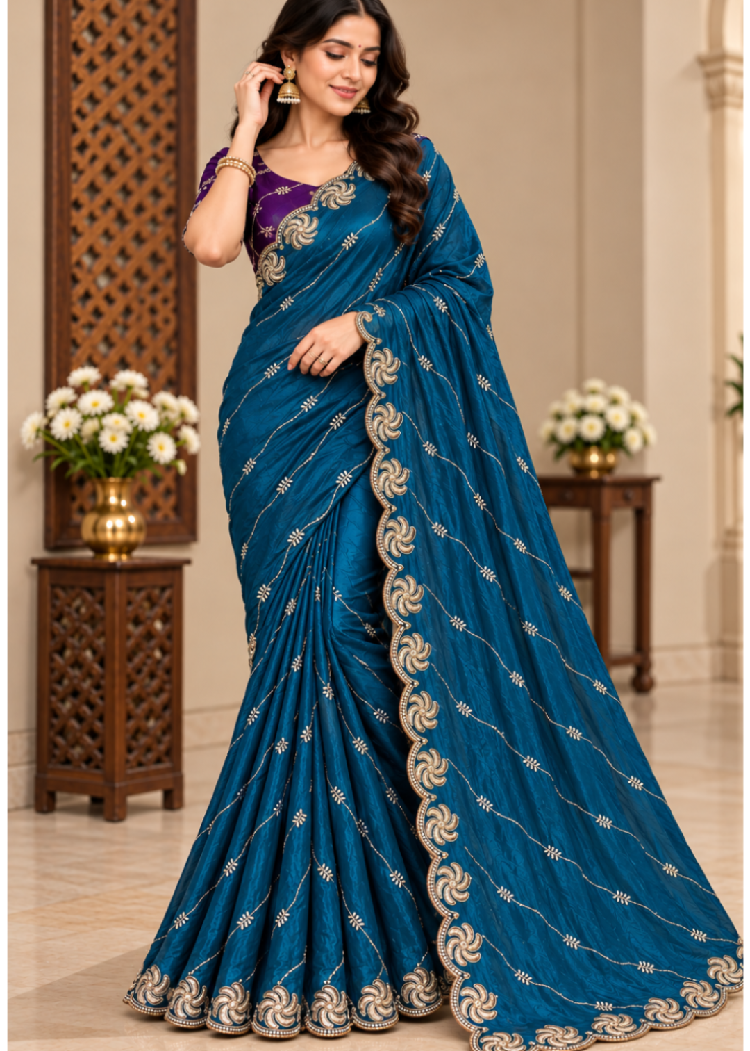 A woman models a teal blue saree with gold and beige geometric patterns and a purple embroidered blouse in an indoor setting with decorative wooden screens and flower arrangements.